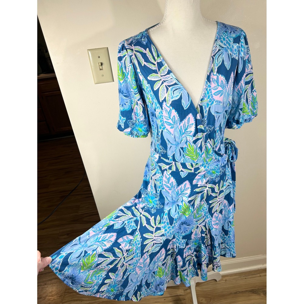 Lilly Pulitzer Kessler Wrap Dress S‎ Macaw Blue Tall Me About It Palm Beach Chic